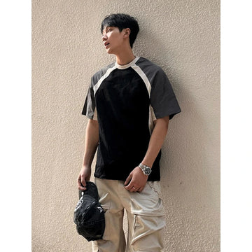 AIDASE  -  Summer American Style Color Block Raglan Round Neck Short Sleeve T-Shirt Men's Pure Cotton Heavyweight Loose Half Sleeve Top aidase-shop